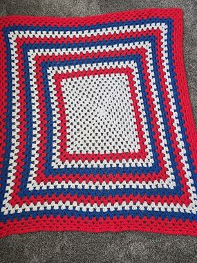 Vintage Afghan Red White Blue Crochet Large Granny Square Blanket Throw 62"x55"